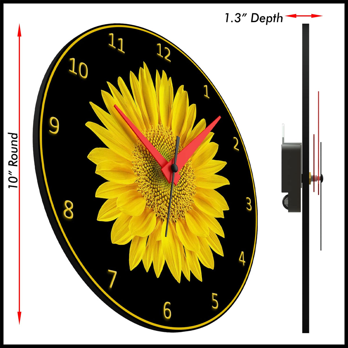 Wall Clock , Sunflower, 10” Round, Astra Collection, Silent